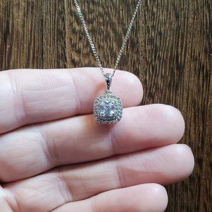 18 Inch 925 Sterling Silver Cubic Zirconia Square Halo Pendant Necklace